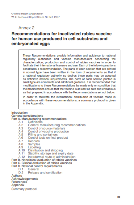 Recommendations for inactivated rabies vaccine for human use produced in cell substrates and embryonated eggs, Annex 2, TRS No 941