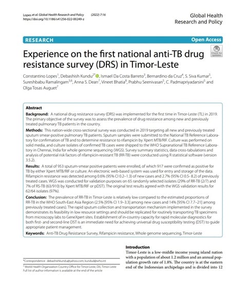 Experience on the first national anti-TB drug resistance survey (DRS) in Timor-Leste