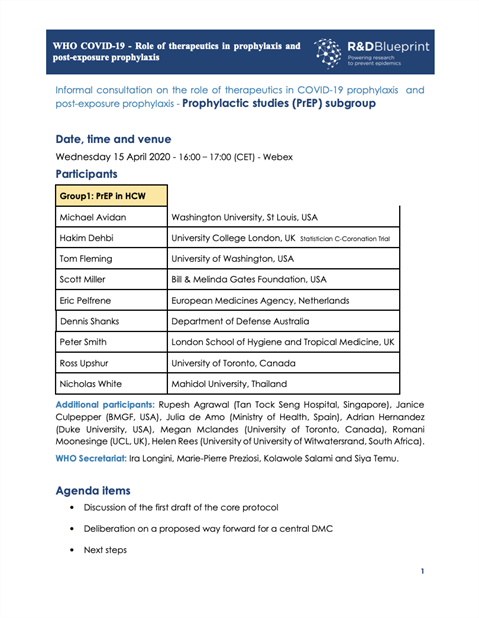 Informal consultation on the role of therapeutics in COVID-19 prophylaxis and post-exposure prophylaxis - 15 April 2020