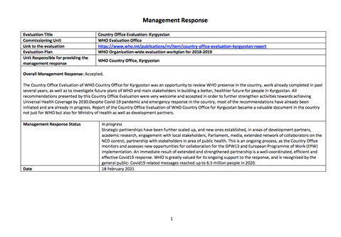Country Office Evaluation: Kyrgyzstan - Management Response - February 2021
